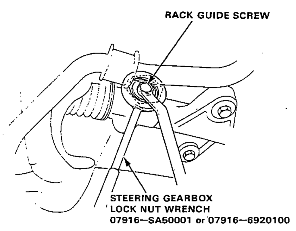Close-up of the steering gearbox rack guide screw being adjusted with the steering gearbox lock nut wrench special tool.