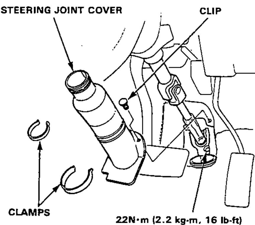 Illustration of the steering joint cover area showing the steering joint cover, clip, and clamps to be removed when disconnecting the steering shaft from the gearbox. Includes a torque callout for the joint bolt.