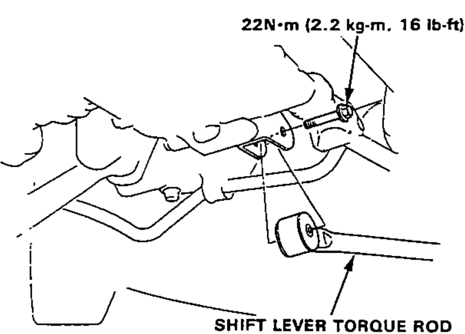 Underside view showing the shift lever torque rod where it bolts to the clutch housing, with a torque callout.