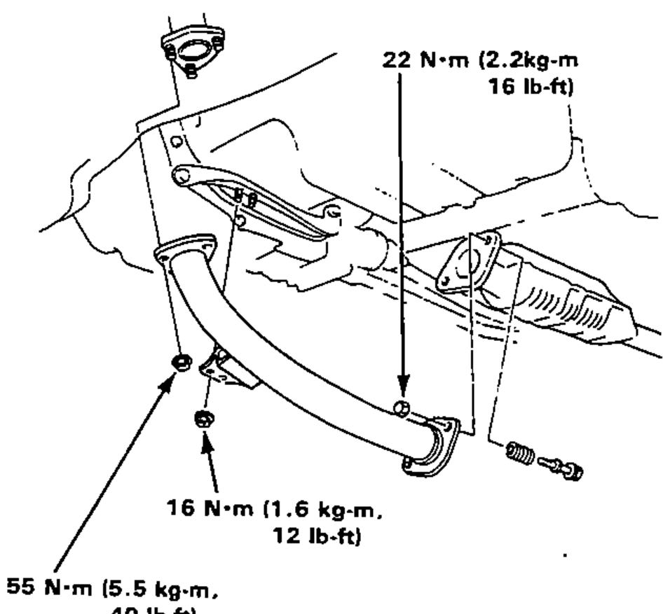 Underside view of the exhaust header pipe and exhaust pipe B joint at the catalytic converter area, showing the self-locking nuts and mounting bolts with three torque callouts.