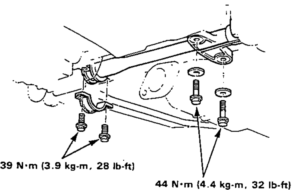 Underside view of the steering gearbox showing the mounting brackets and mounting bolts with washers and two torque callouts.