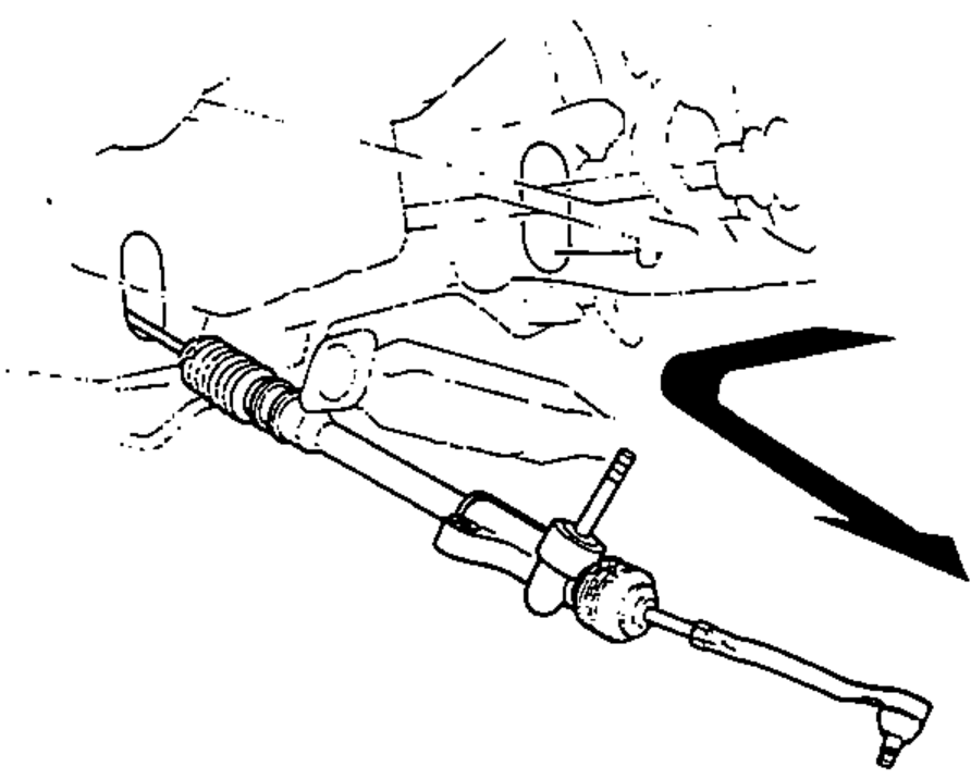 Steering gearbox with tie rod slid fully to the right side, with a large arrow indicating the slide direction to clear the rear beam for removal.