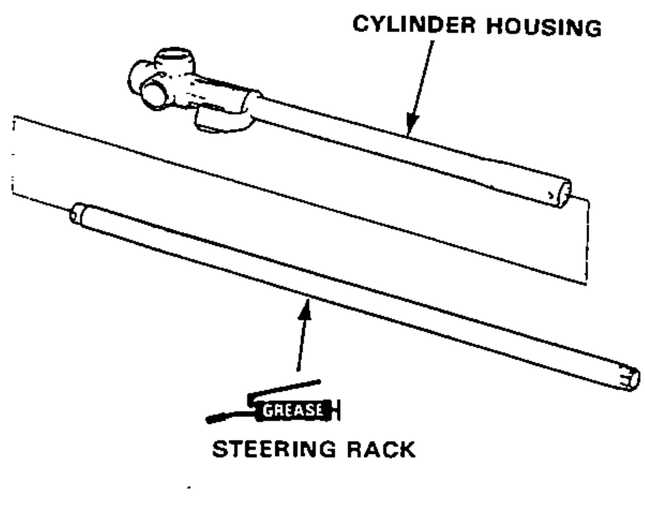Steering rack being installed into the cylinder housing; grease applied to the steering rack.