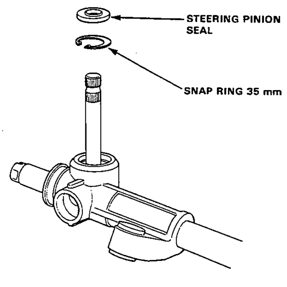 Installation of the steering pinion seal and 35 mm snap ring onto the gear housing over the pinion shaft.