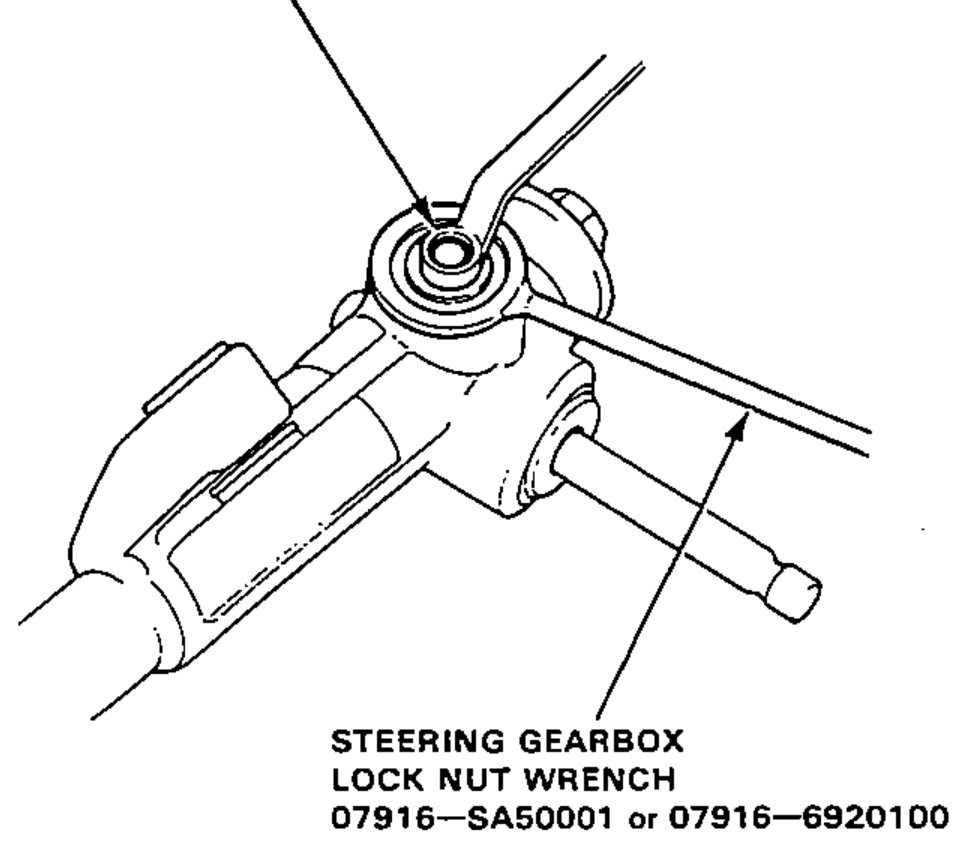 Tightening the rack guide screw lock nut while holding the rack guide screw with the special lock nut wrench on the steering gearbox.