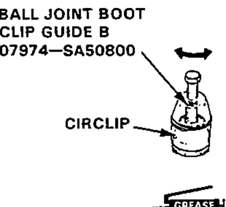 Ball joint boot clip guide B special tool with circlip, used to adjust the depth and slide the clip into position over the tool; grease applied.