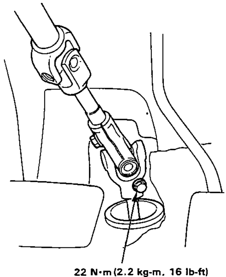 Lower steering joint and U-joint showing the lower steering joint bolt to be removed, with a torque callout.