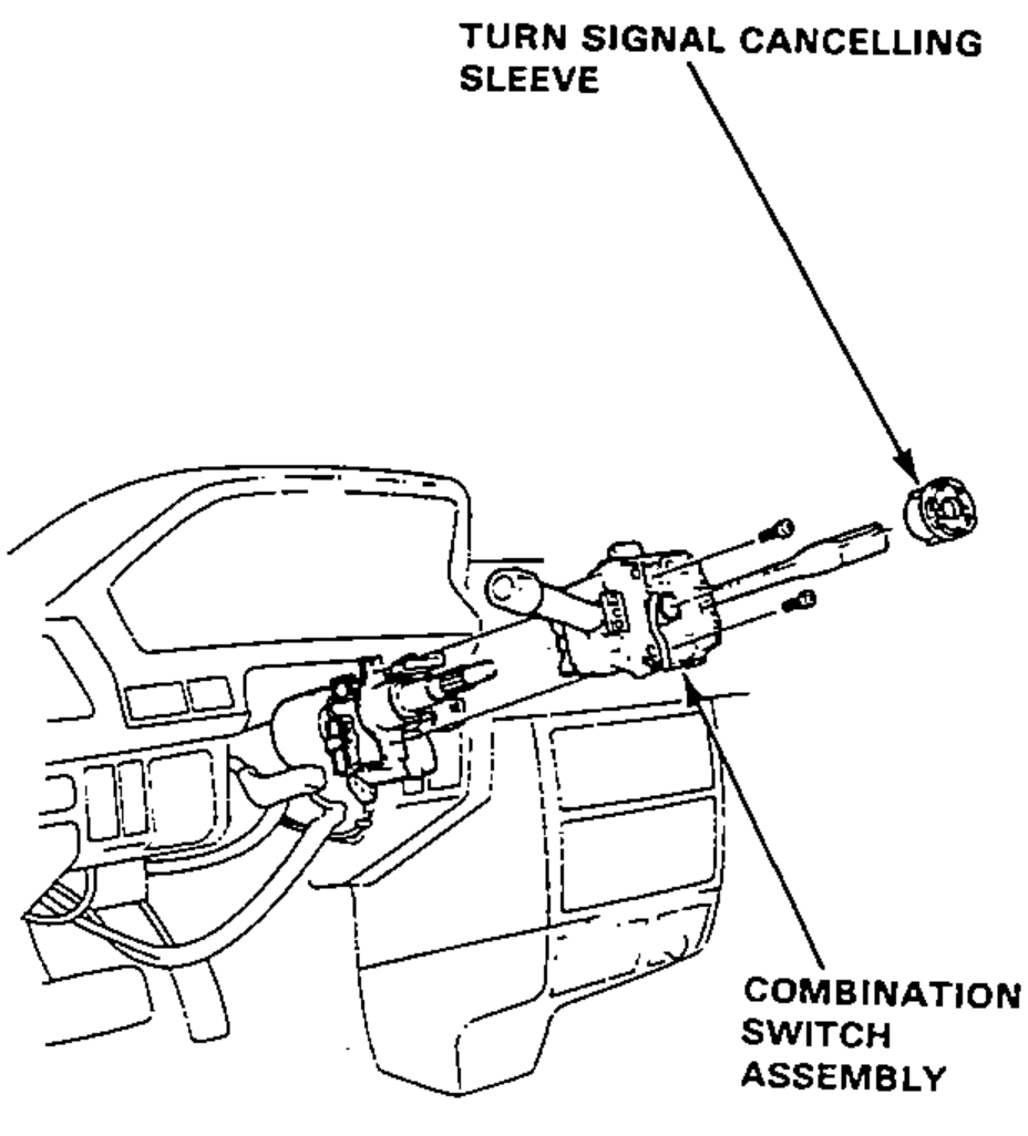 Steering column with the turn signal cancelling sleeve and combination switch assembly being removed from the dashboard area.