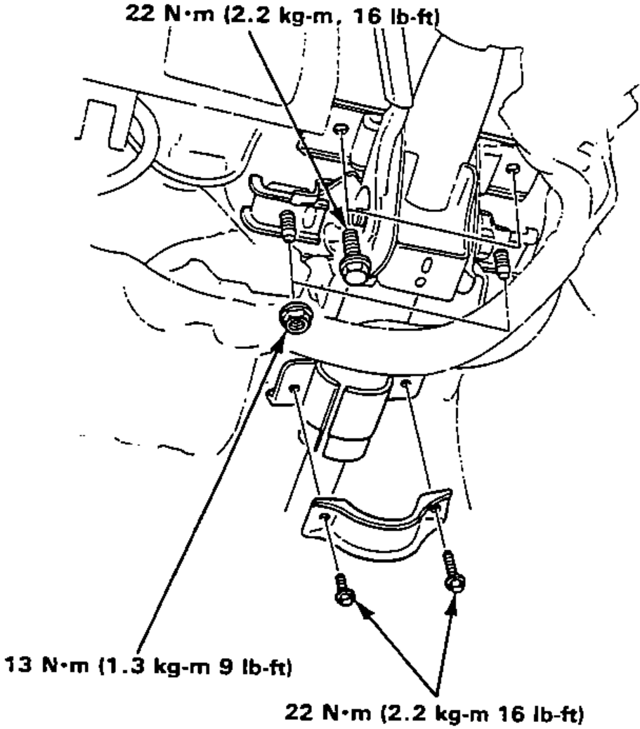 Lower column bracket, bending plate guide and bending plate at the steering column base, with torque callouts for the nuts and bolts.