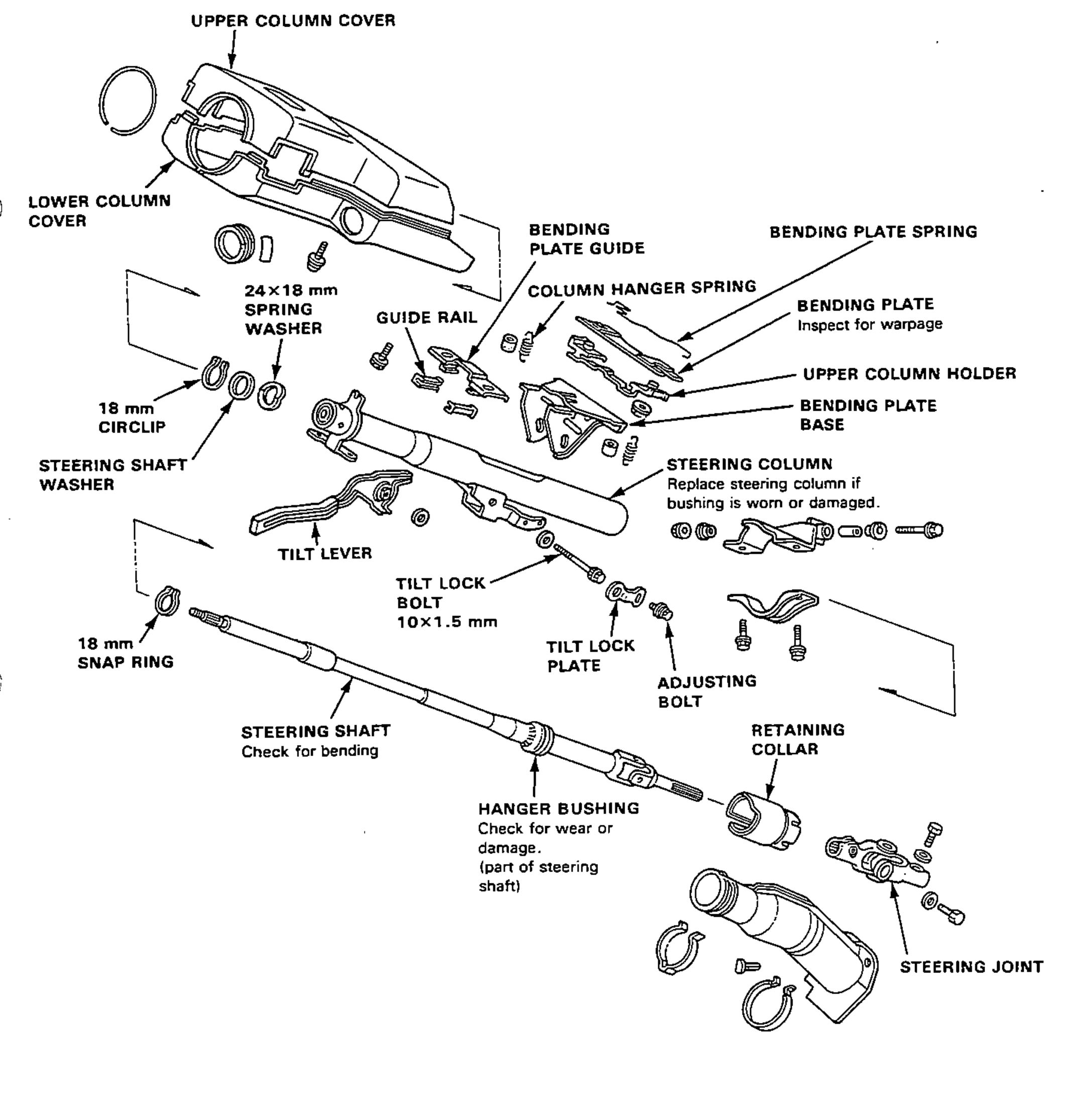 Exploded view of the tilt steering column assembly showing the upper/lower column covers, steering shaft, tilt mechanism, bending plate assembly and steering joint, with leader-line callouts and inspection notes for each component.