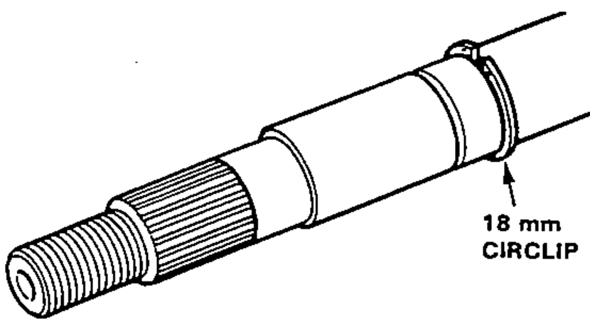 Steering shaft with the 18 mm circlip installed in its groove near the splined end.