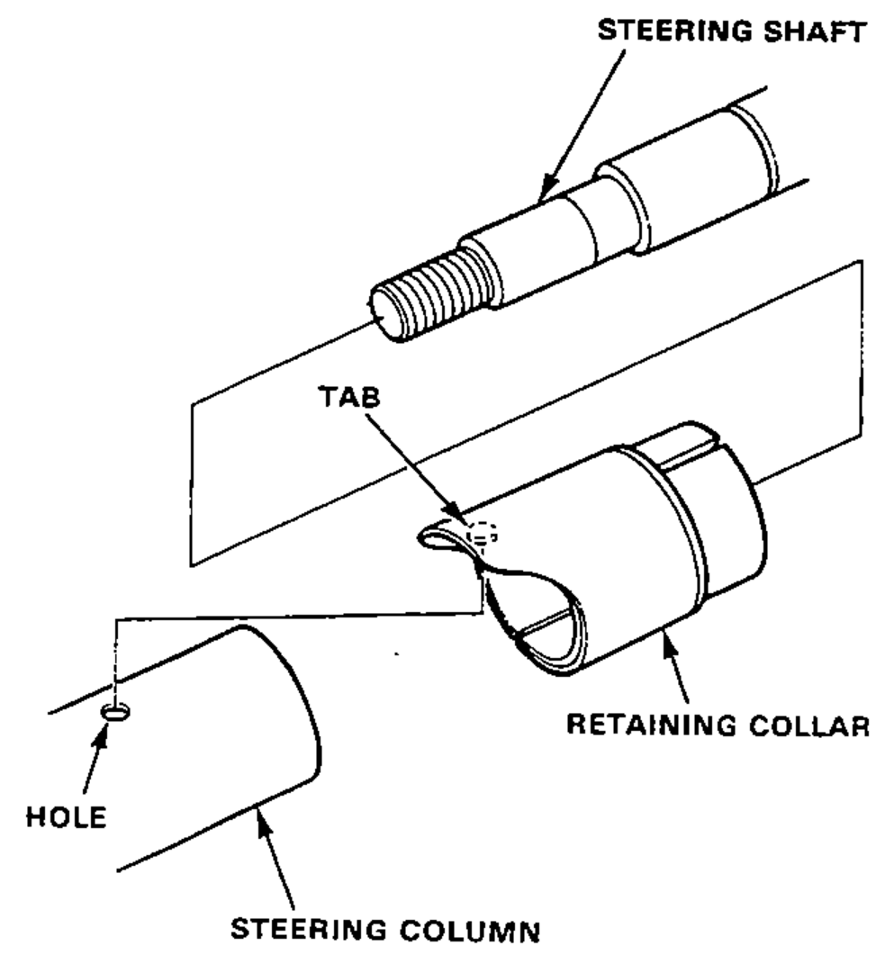 Retaining collar being installed on the steering column, aligning the hole in the column with the tab on the collar; steering shaft shown above.