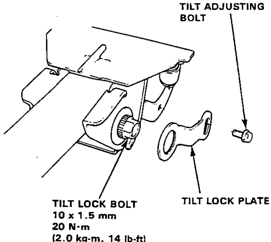 Exploded view of the tilt lock mechanism showing the tilt adjusting bolt, tilt lock bolt and tilt lock plate being positioned on the splined portion of the tilt lock bolt.