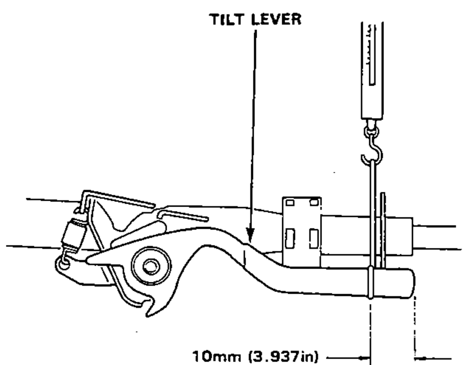 Tilt lever with a spring scale hooked to the end of the knob, measuring the force required to move the lever; a 10 mm reference dimension is shown.