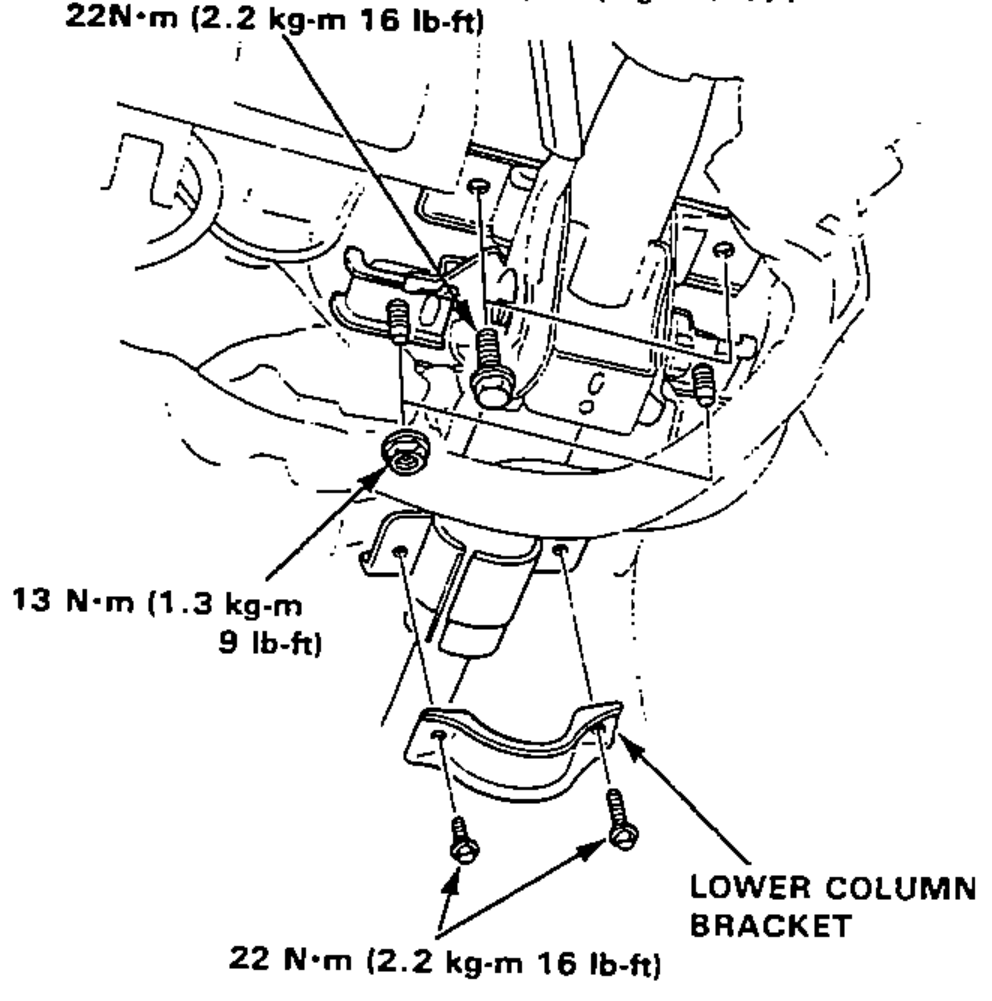 Steering column assembly loosely installed with nuts, bolts and the lower column bracket, showing torque callouts.