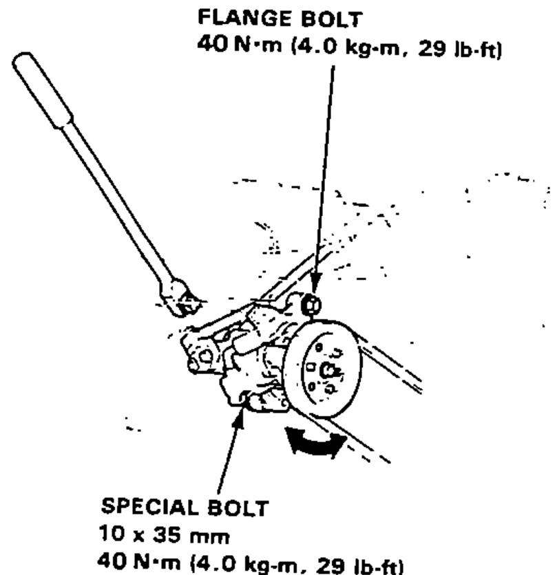 Power steering pump being pried away from the engine with a pry bar to adjust belt tension; shows the pump mounting with the flange bolt and special bolt locations.