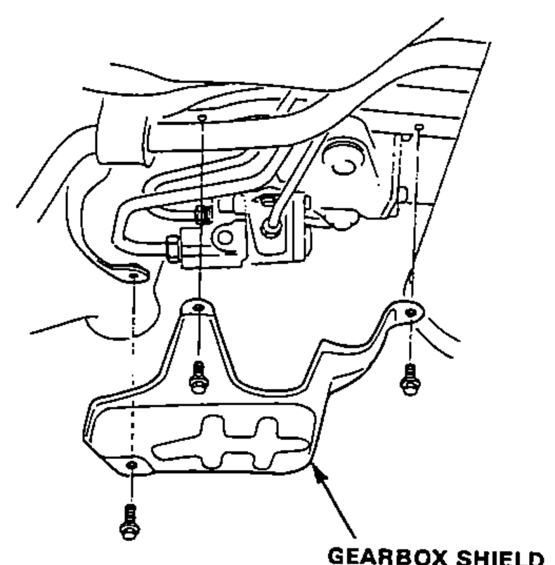 Underside view of the steering gearbox area showing the gearbox shield (splash guard) and its mounting bolts to be removed.