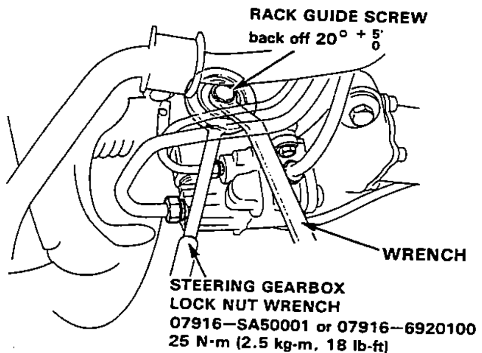 Steering gearbox with the rack guide screw and lock nut being adjusted using the special lock nut wrench.