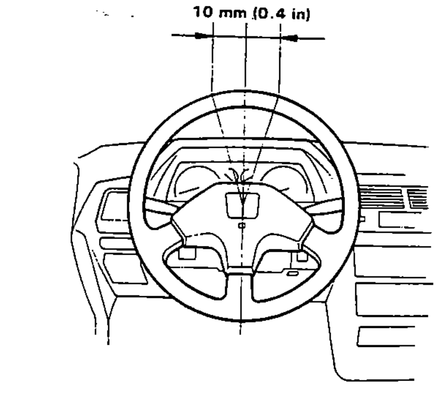 Driver's view of the steering wheel and dashboard with arrows indicating the rotational play measurement of 10 mm (0.4 in) at the steering wheel rim.
