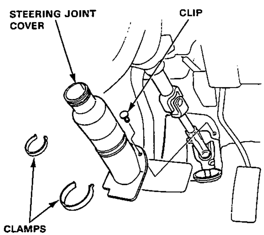 Steering joint area showing the steering joint cover, its clip, and the clamps to be removed.