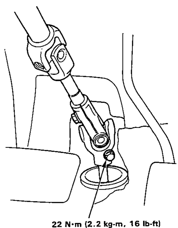 Steering joint (universal joint) at the lower steering shaft showing the joint bolt to be removed.