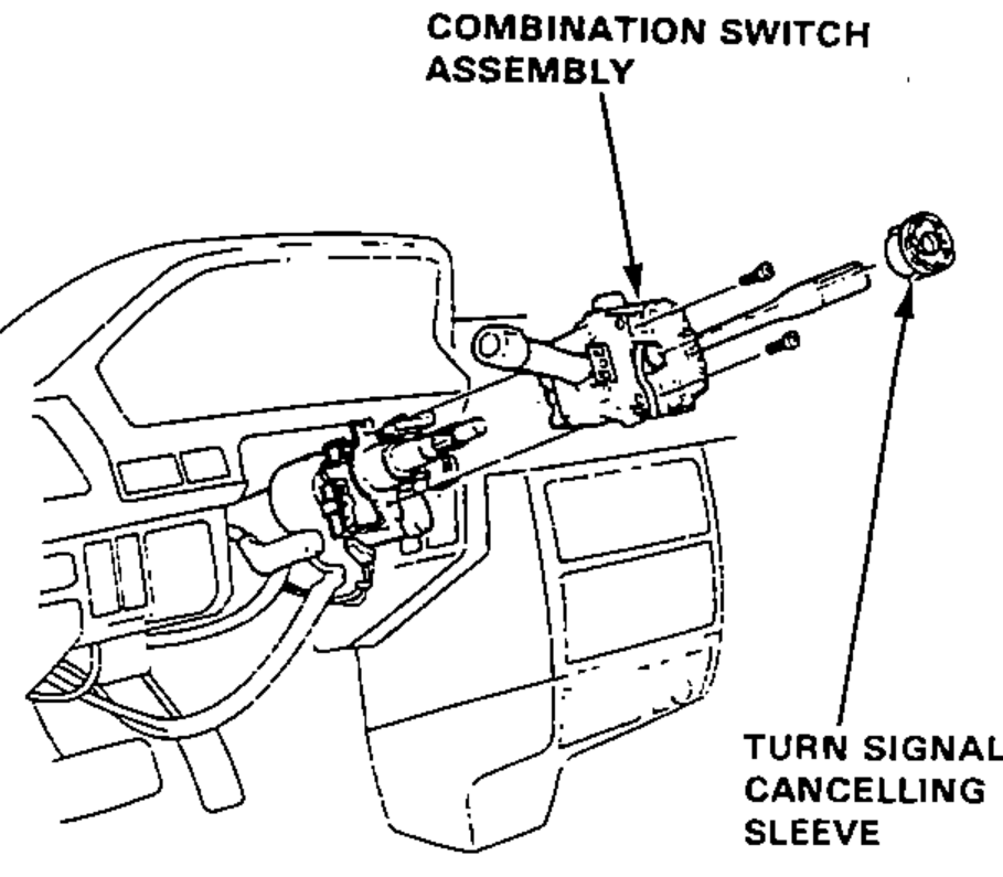 Steering column with the combination switch assembly and the turn signal cancelling sleeve being removed.