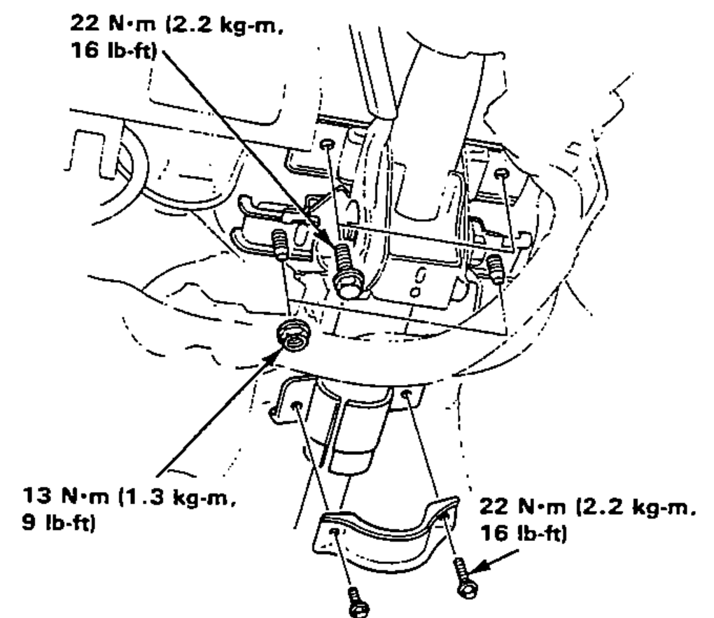 Lower steering column mounting showing the lower column bracket, bending plate guide and bending plate with their attaching nuts/bolts and torque values.