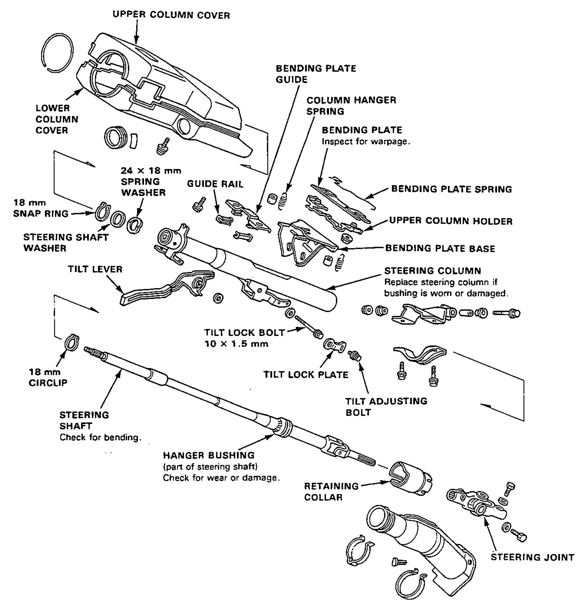 Exploded view of the tilt steering column assembly showing the upper/lower column covers, steering shaft, tilt mechanism, bending plate assembly and steering joint, with leader-line callouts and inspection notes for each component.