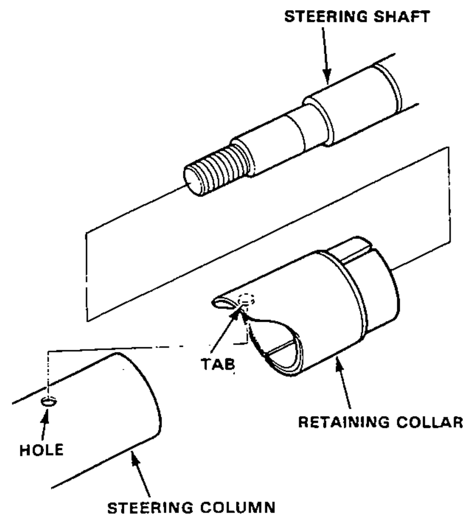 Retaining collar being installed on the steering column, aligning the hole in the column with the tab on the collar; steering shaft shown above.
