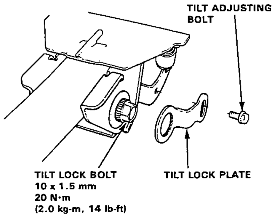 Tilt lock bolt tightened at the column with the tilt lock plate positioned on its splined portion and the tilt adjusting bolt loosely attached; torque callout shown.