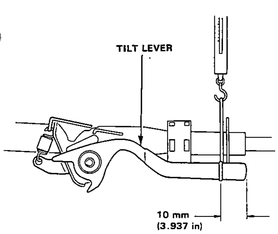Spring scale hooked to the tilt lever 10 mm (3.937 in) from the end of the knob to measure the force required to move the lever.