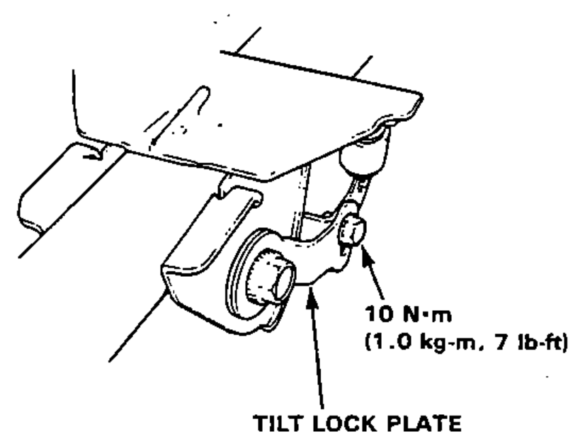 Tilt lock plate at the column showing the 10 N·m tightening torque for the tilt adjusting bolt.