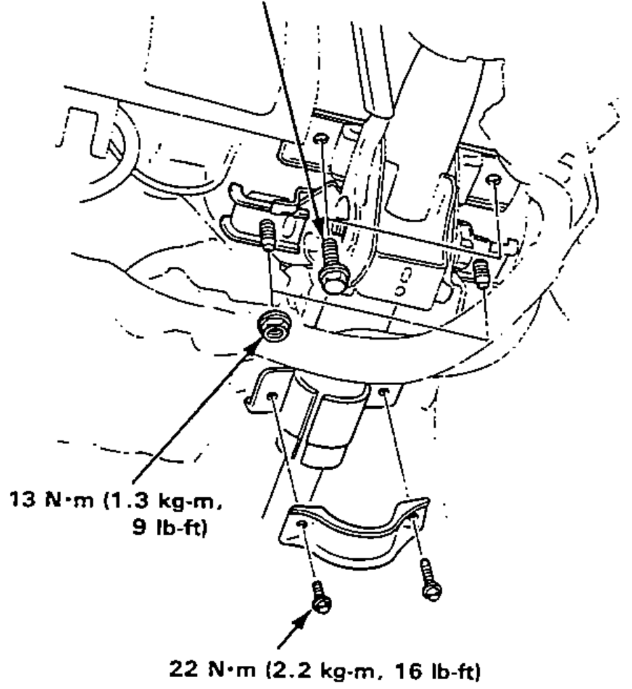 Steering column assembly loosely installed under the dash with the nuts, bolts and lower column bracket, showing tightening torques for the mounting hardware.