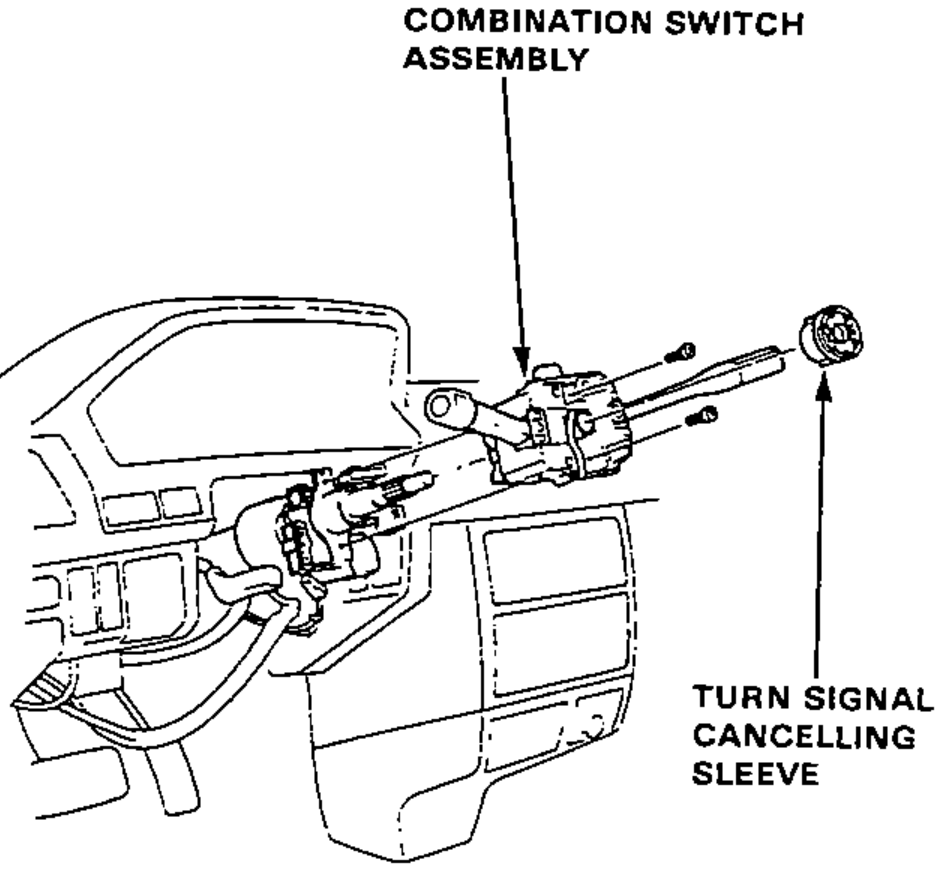Combination switch assembly mounted on the steering column with the turn signal cancelling sleeve shown exploded to the right.