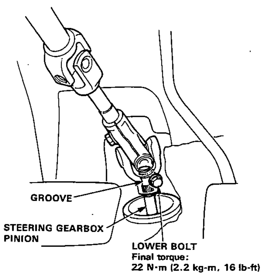 Steering joint installed on the steering gearbox pinion, showing the groove and the lower bolt seating.