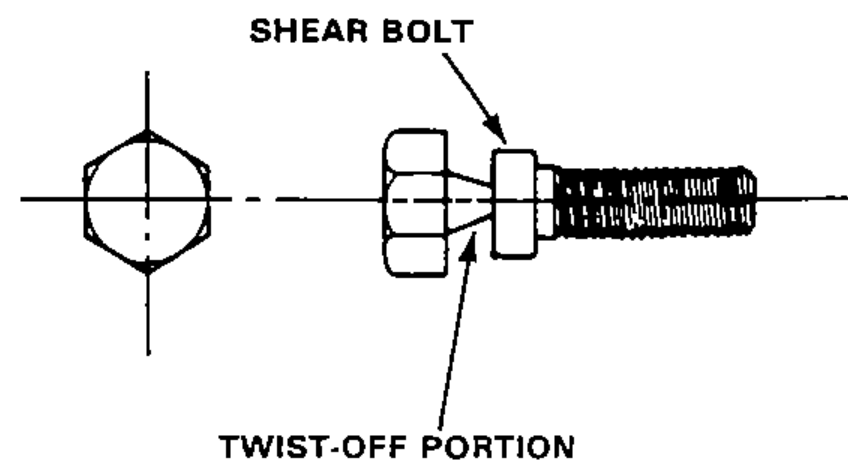 Detail of a shear bolt showing the twist-off portion that breaks away when tightened.
