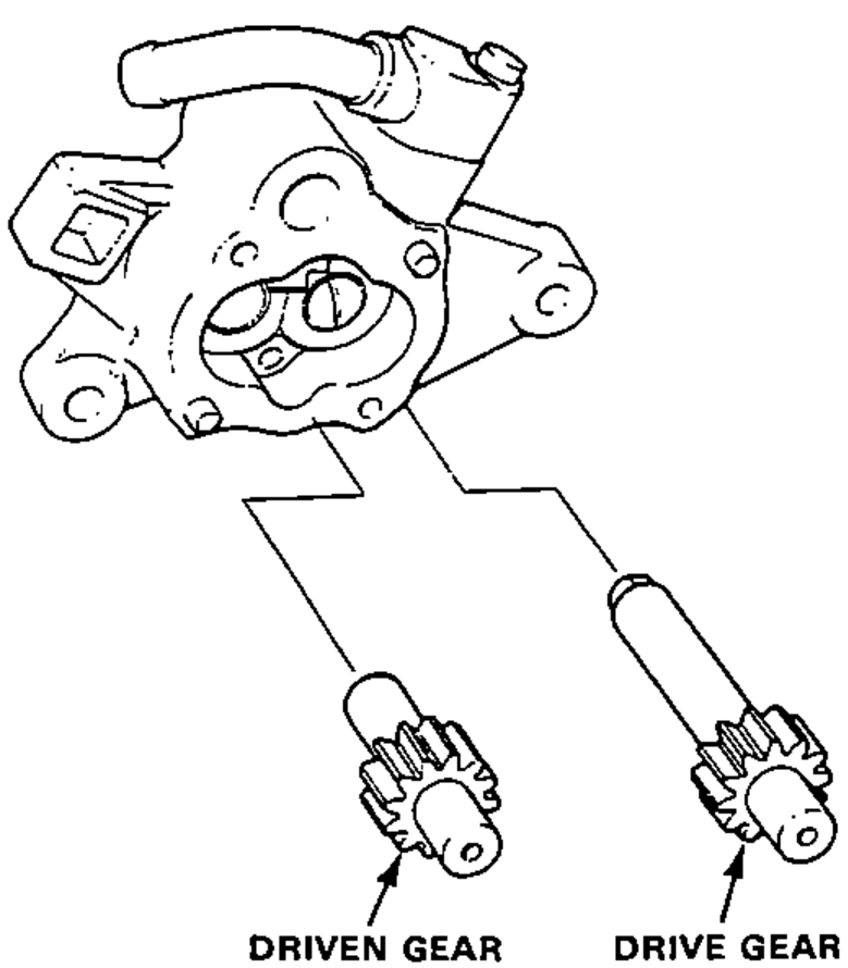 Illustration of the pump housing with the drive and driven gears being removed from it.