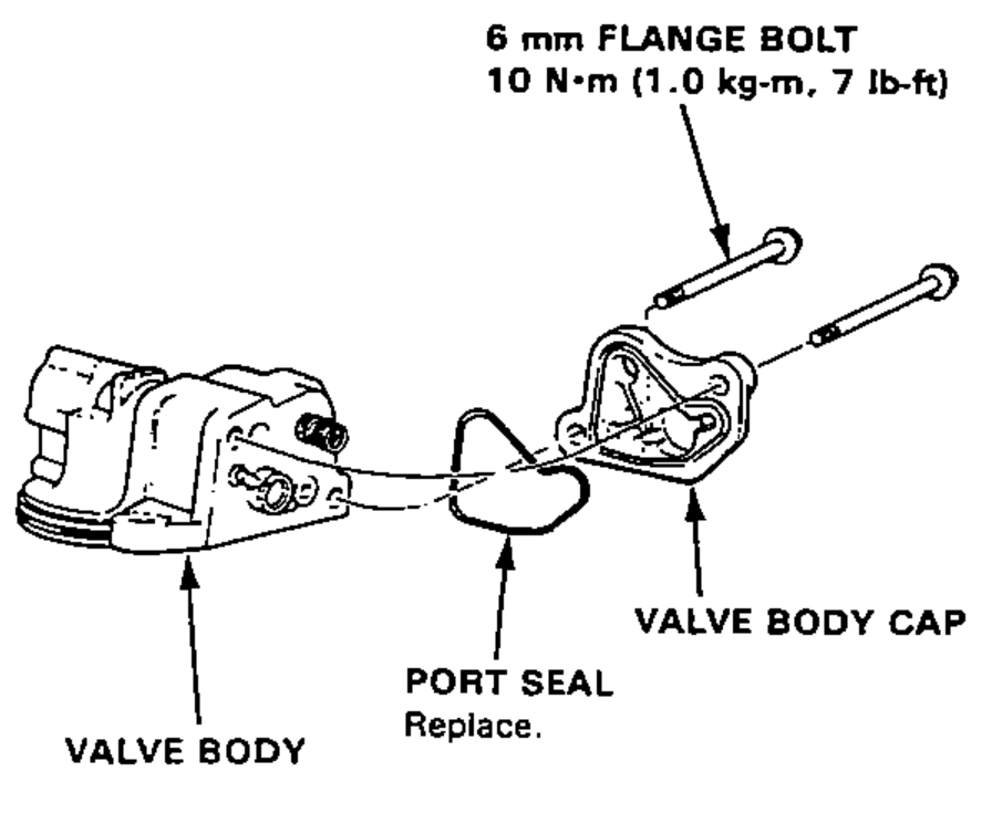 Valve body, port seal and valve body cap separated, showing the two 6 mm flange bolts that secure the cap.