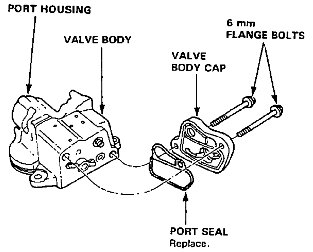 Port housing and valve body separated, showing the valve body cap, 6 mm flange bolts and the port seal to remove.