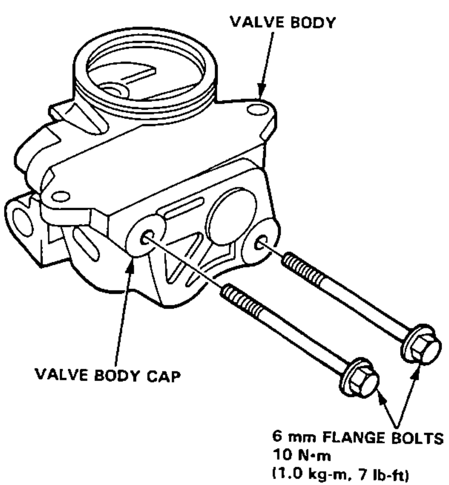 Illustration of the valve body with the valve body cap and 6 mm flange bolts, showing bolt tightening torque.