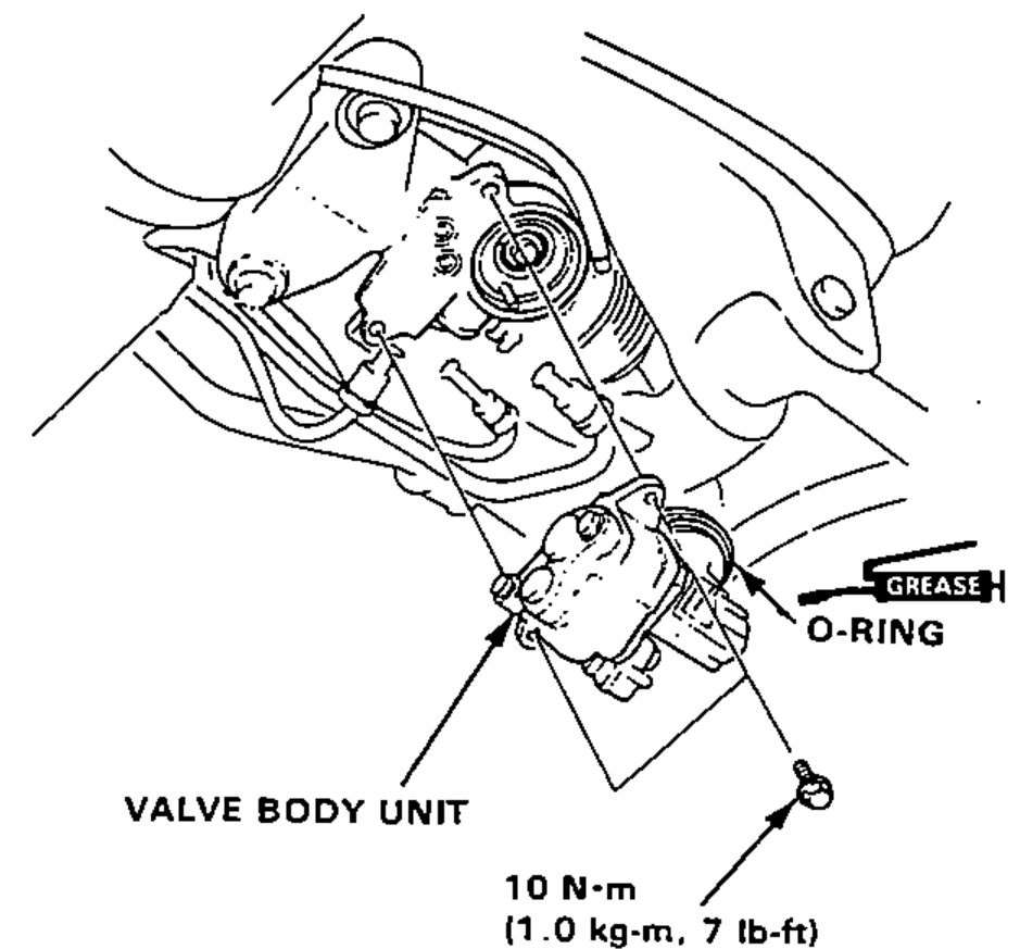 Illustration of installing the valve body unit on the gear housing with the greased O-ring and two 6 mm bolts, showing tightening torque.