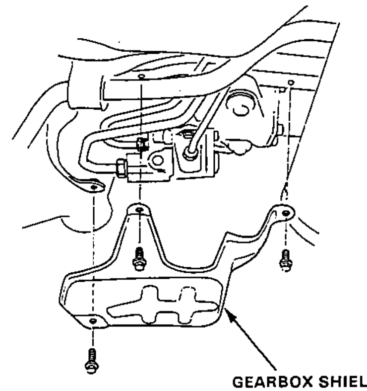 Underside view showing the gearbox shield and its mounting bolts.