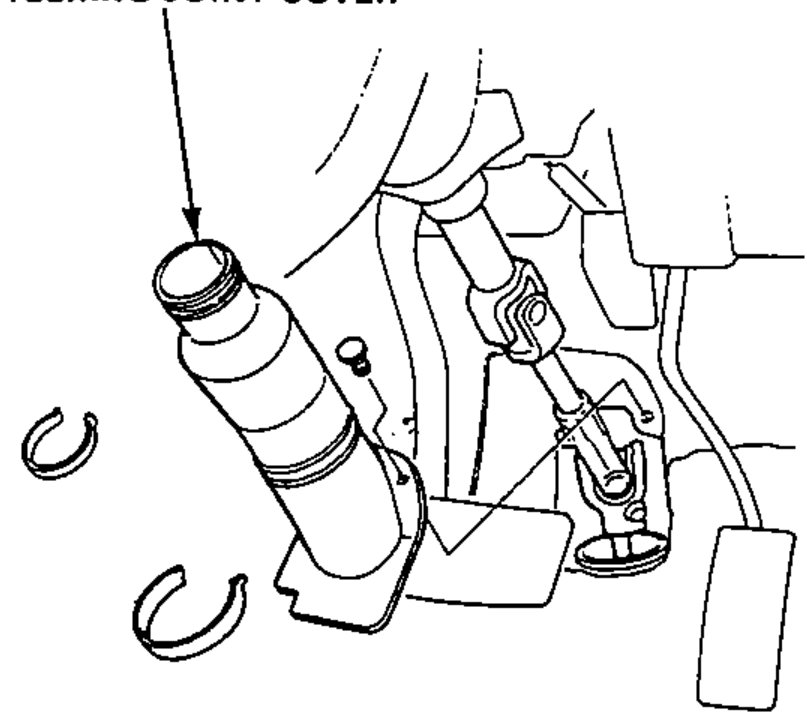 Illustration of the steering joint cover being removed to disconnect the steering shaft from the gearbox, with snap rings shown.