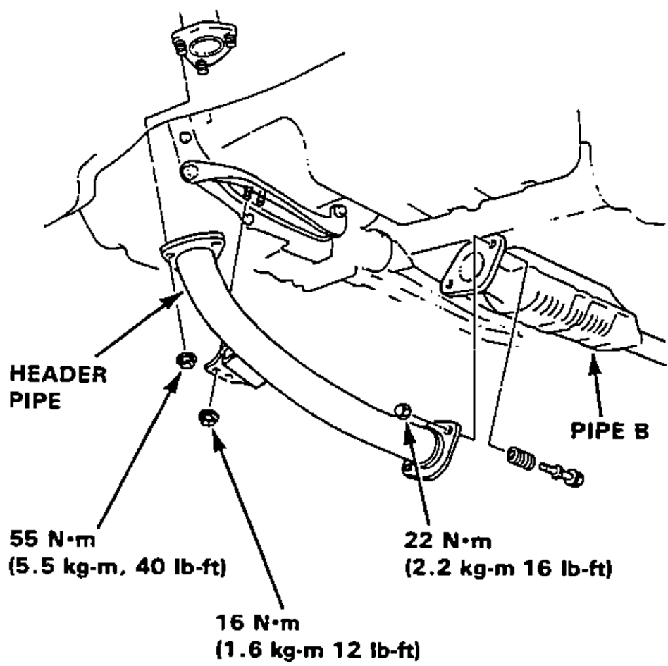 View of the exhaust header pipe and exhaust pipe B connection, showing the self-locking nut joint and multiple tightening torque callouts.