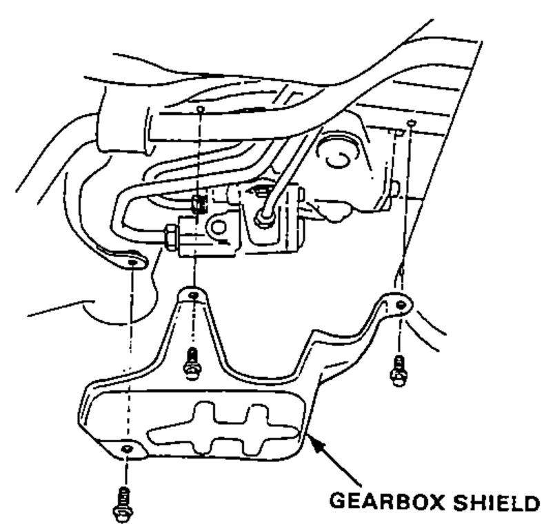 Underside view showing the gearbox shield and its mounting bolts.