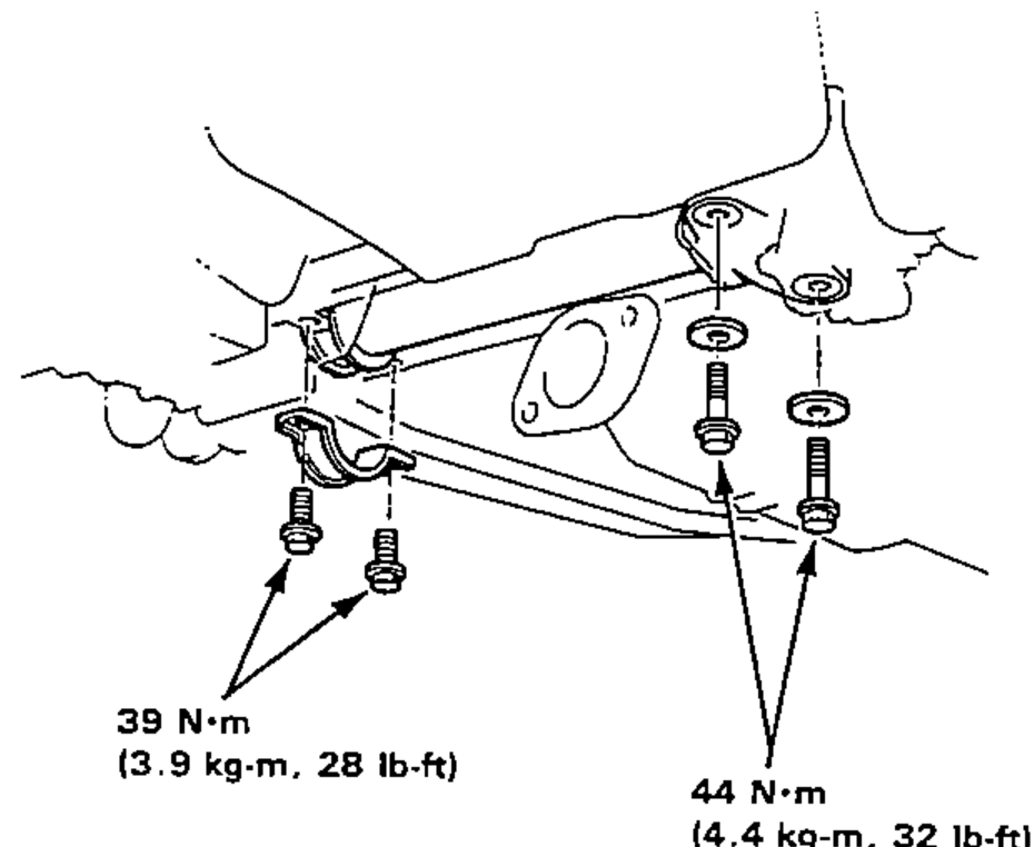 Steering gearbox mounting bolts viewed from below the front beam, with leader lines pointing to the clamp/mounting bolts and tightening-torque callouts.