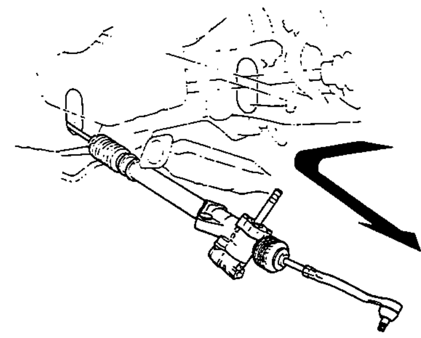 Steering gearbox and tie rod being slid to the right with a large arrow indicating direction so the left tie rod clears the bottom of the rear beam for removal.