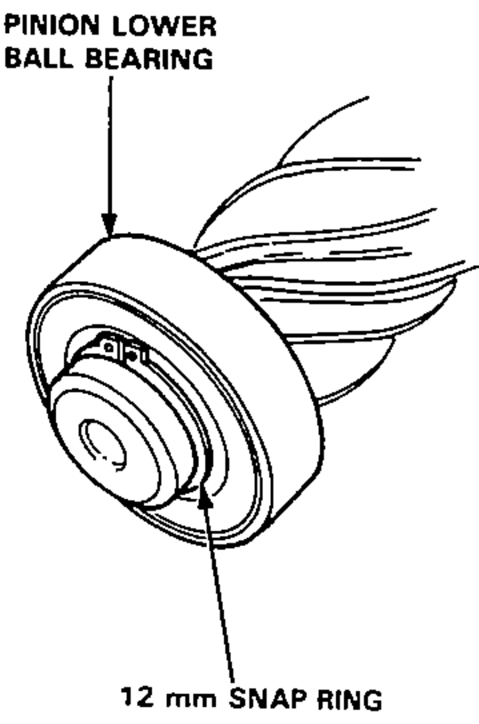 Pinion ball bearing assembly with the pinion lower ball bearing and the 12 mm snap ring identified by leader lines.