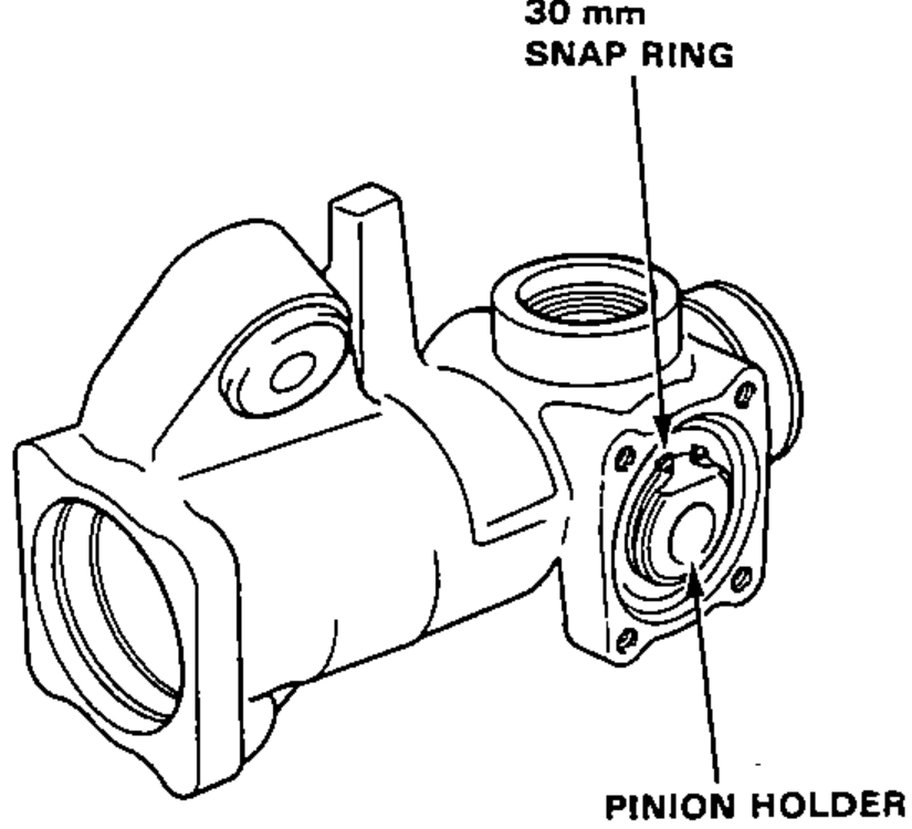 Gear housing with the 30 mm snap ring being removed from the pinion holder. Labels identify the 30 mm snap ring and pinion holder.