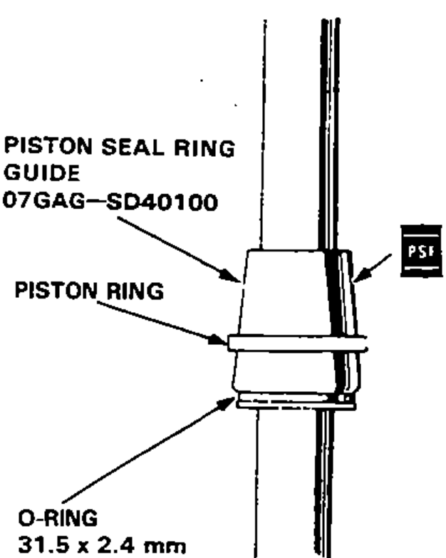 Piston seal ring positioned on the piston seal ring guide special tool over the rack, with the 31.5 x 2.4 mm O-ring beneath. Apply power steering fluid (PSF symbol). Labels identify the piston seal ring guide tool, piston ring and O-ring.